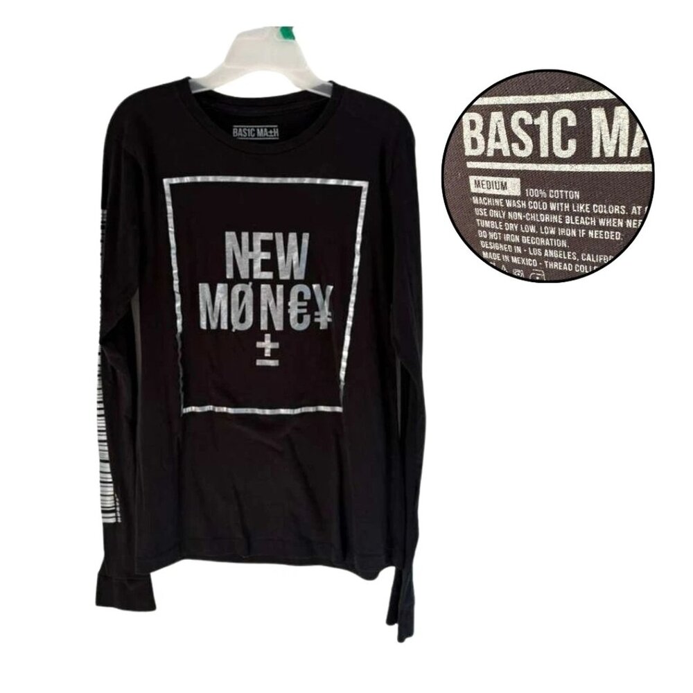 BAS1C Ma±H Men’s M Black Long Sleeve “New Money” Graphic Cotton T-Shirt